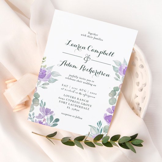 Rustic Floral Eucalyptus Purple Wedding Kaart