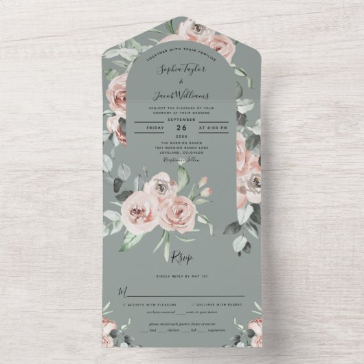 Rustic Floral Eucalyptus Sage Greenery Wedding All In One Uitnodiging (Binnen)