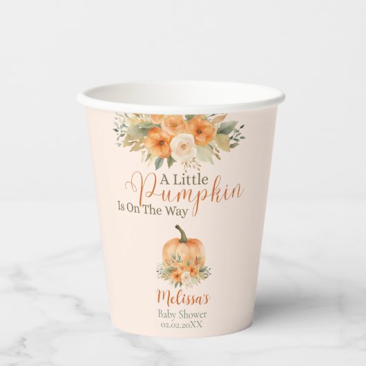 Rustic Floral Fall Orange Pumpkin Baby Shower Papieren Bekers (Voorkant)