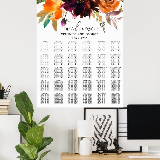 Rustic Floral Fall Wedding Seating Chart Poster (Thuiskantoor)