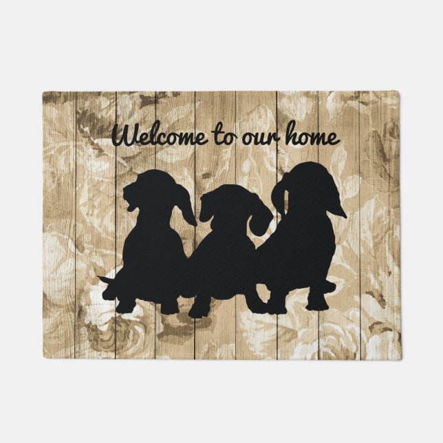 Rustic Floral Faux Wood Dachshund Doormat Deurmat (Voorkant)