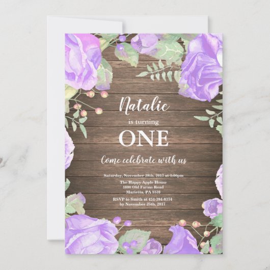 Rustic Floral First 1st Girl Birthday Uitnodiging (Voorkant)