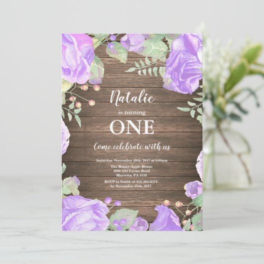 Rustic Floral First 1st Girl Birthday Uitnodiging (Staand voorkant)