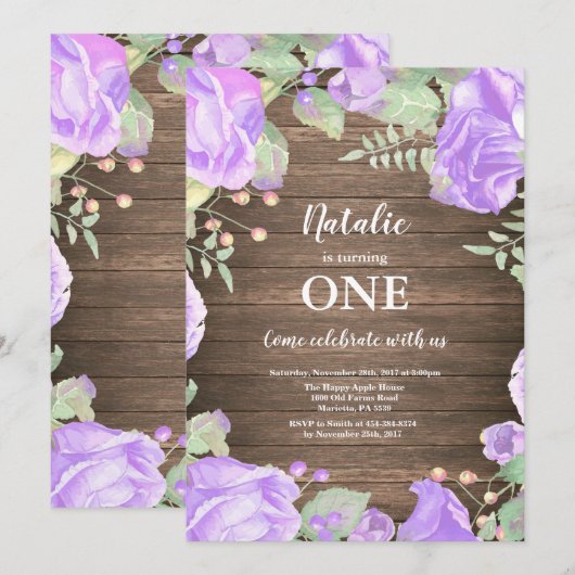 Rustic Floral First 1st Girl Birthday Uitnodiging (Voorkant / Achterkant)