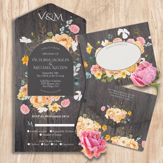 Rustic Floral Garden Wedding All In One Uitnodiging