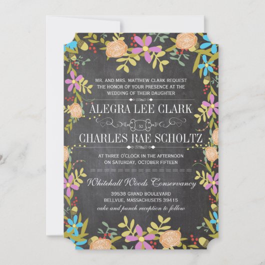 Rustic Floral Garland Chalkboard Wedding Kaart (Voorkant)