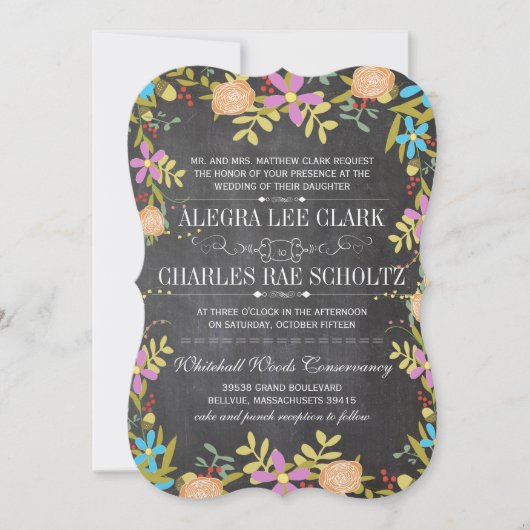 Rustic Floral Garland Chalkboard Wedding Kaart (Voorkant)