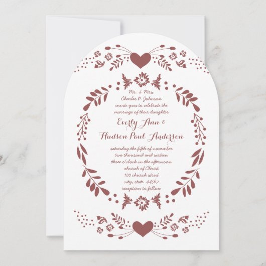 Rustic Floral Garland Folk Art Marsala Wedding Kaart (Voorkant)