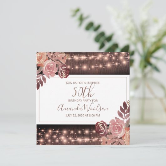 Rustic Floral Ggloing String Lights Birthday Party Kaart (Staand voorkant)