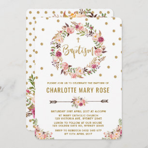 Rustic Floral Girl Baptism Christening Uitnodiging