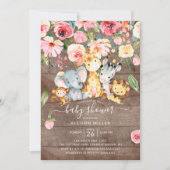 Rustic Floral Girls Safari Animals Baby shower Kaart (Voorkant)