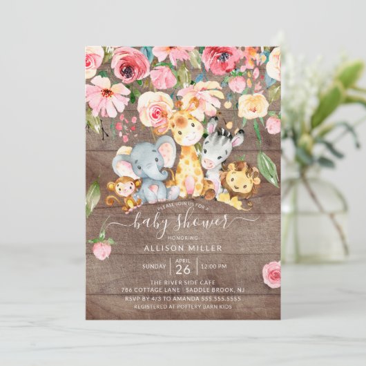 Rustic Floral Girls Safari Animals Baby shower Kaart (Staand voorkant)
