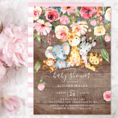 Rustic Floral Girls Safari Animals Baby shower Kaart