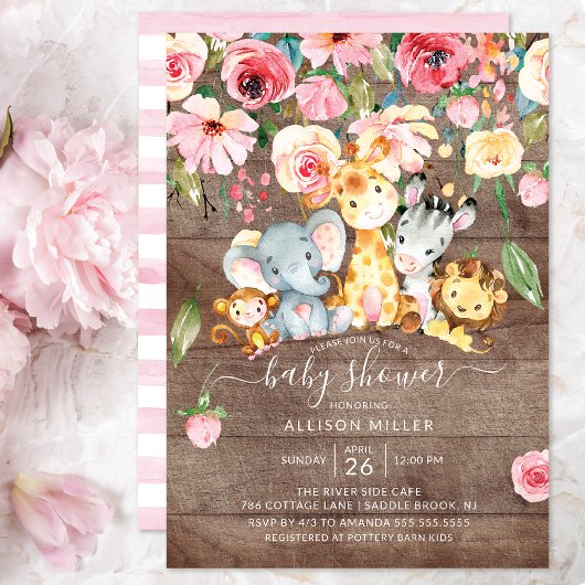 Rustic Floral Girls Safari Animals Baby shower Kaart