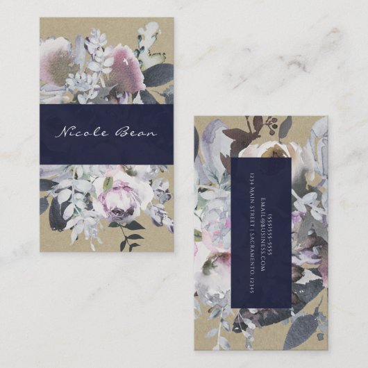 Rustic Floral Glam Navy Kraft Modern Chic Visitekaartje (Voorkant / Achterkant)