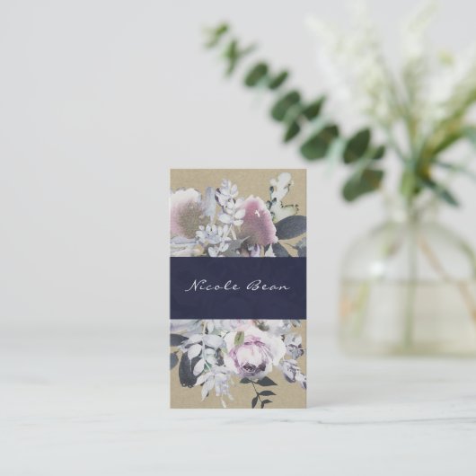 Rustic Floral Glam Navy Kraft Modern Chic Visitekaartje (Staand voorkant)