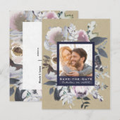 Rustic Floral Glam Navy Kraft Photo Save the Date Aankondigingskaart (Voorkant / Achterkant)