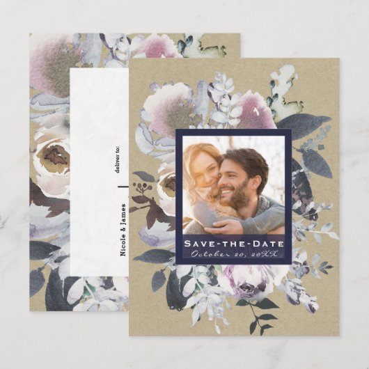Rustic Floral Glam Navy Kraft Photo Save the Date Aankondigingskaart (Voorkant / Achterkant)