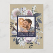 Rustic Floral Glam Navy Kraft Photo Save the Date Aankondigingskaart (Voorkant)