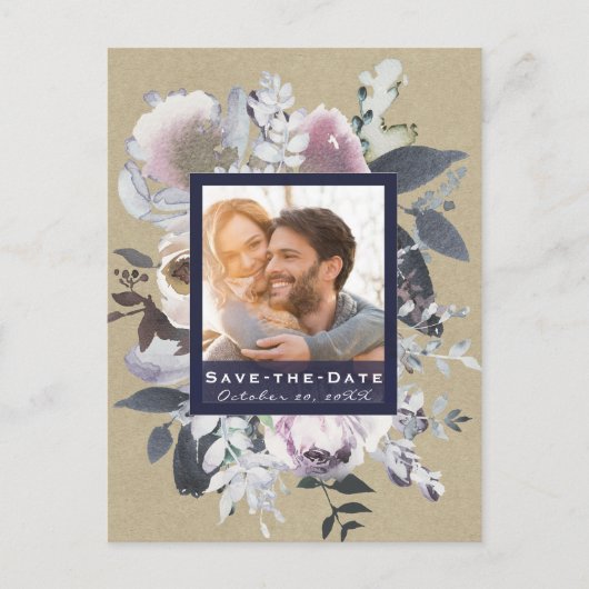 Rustic Floral Glam Navy Kraft Photo Save the Date Aankondigingskaart (Voorkant)
