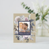 Rustic Floral Glam Navy Kraft Photo Save the Date Aankondigingskaart (Staand voorkant)