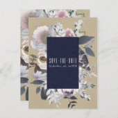 Rustic Floral Glam Navy Kraft Save the Date Aankondigingskaart (Voorkant / Achterkant)
