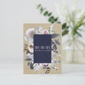 Rustic Floral Glam Navy Kraft Save the Date Aankondigingskaart (Staand voorkant)