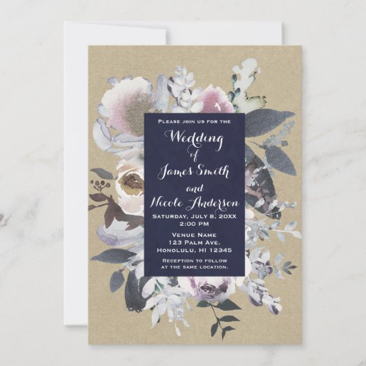 Rustic Floral Glam Navy Kraft Wedding Invitations Kaart (Voorkant)