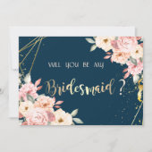 Rustic Floral, Gold Navy Blue Bridesmaid Kaart (Voorkant)