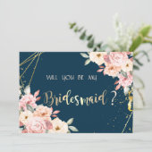 Rustic Floral, Gold Navy Blue Bridesmaid Kaart (Staand voorkant)