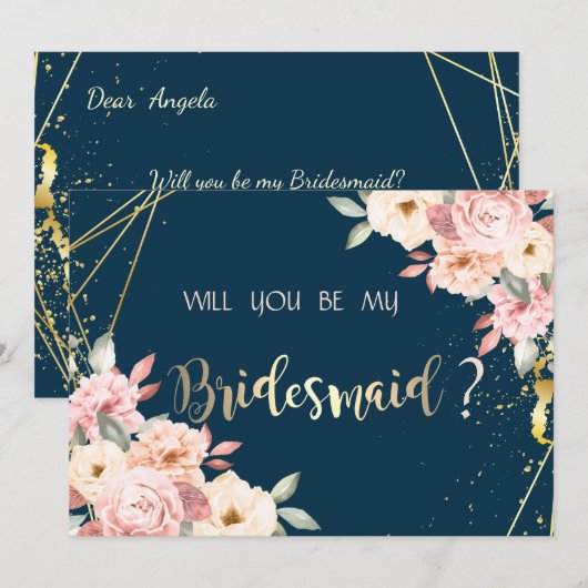 Rustic Floral, Gold Navy Blue Bridesmaid Kaart (Voorkant / Achterkant)