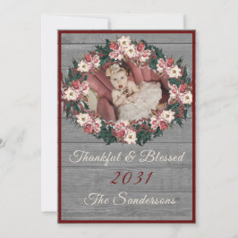 Rustic Floral Gray Wood Burgundy Thankful Blessed Feestdagenkaart