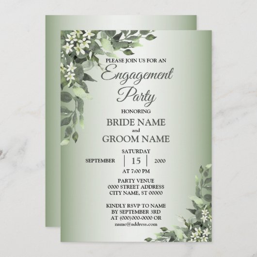 Rustic Floral Greenery Leaves Engagement Party Kaart (Voorkant / Achterkant)