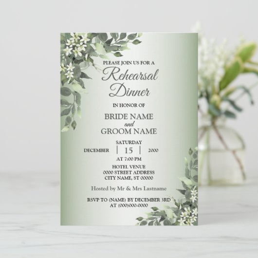 Rustic Floral Greenery Leaves Rehearsal Dinner Kaart (Staand voorkant)