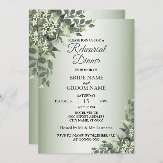 Rustic Floral Greenery Leaves Rehearsal Dinner Kaart (Voorkant / Achterkant)