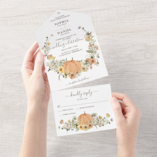 Rustic Floral Harvest Herfst Pumpkin Wedding All In One Uitnodiging (Afscheurbaar)