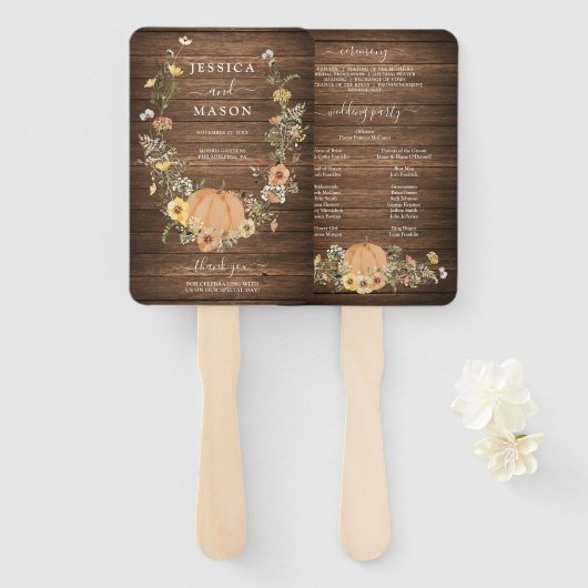 Rustic Floral Harvest Pumpkin Wedding Programme Handwaaier (Voorkant en achterkant)
