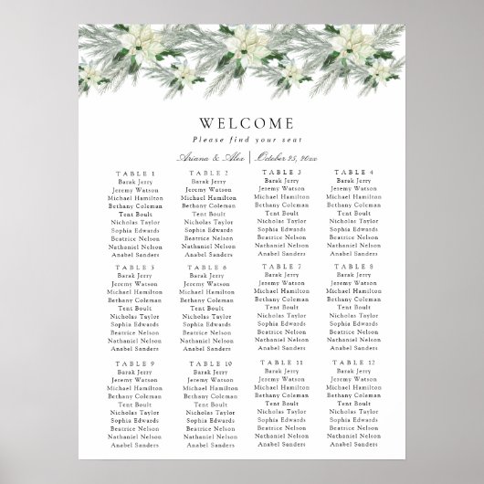Rustic Floral Herfst Winter Wedding Sezing Chart Poster (Voorkant)