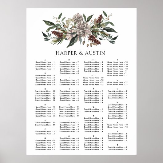 Rustic Floral Herfst Winter Wedding Sezing Chart Poster (Voorkant)