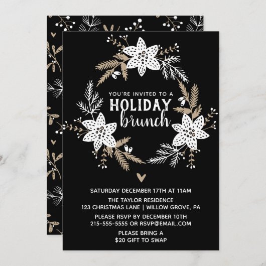 Rustic Floral Holiday Brunch Partij Kaart (Voorkant / Achterkant)