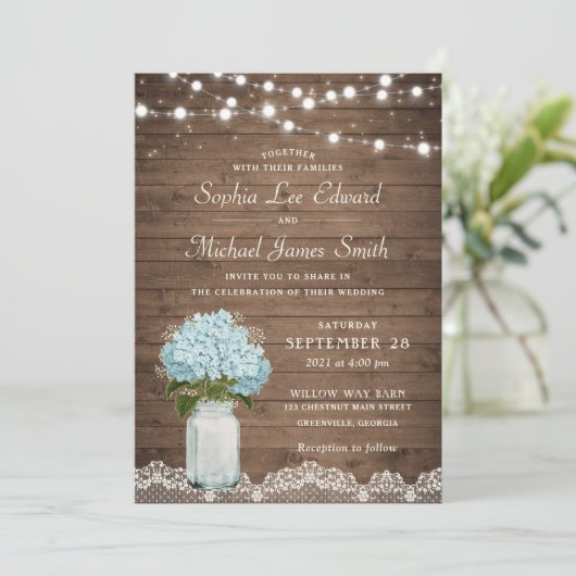 Rustic Floral Hydrangea Mason Jar String Lights Kaart (Staand voorkant)
