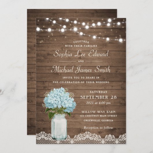 Rustic Floral Hydrangea Mason Jar String Lights Kaart (Voorkant / Achterkant)