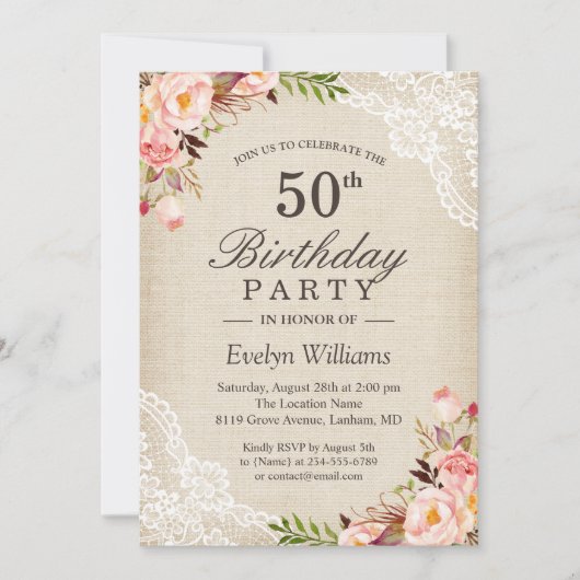 Rustic Floral Ivory Burlap Partij Birthday Kaart (Voorkant)
