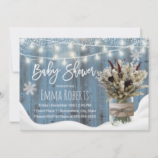 Rustic Floral Jar Dusty Blue Winter Baby shower Kaart (Voorkant)