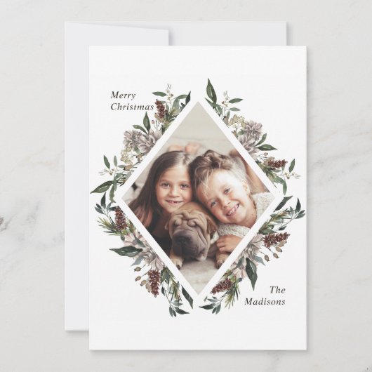 Rustic Floral kerstfoto Kaart (Voorkant)