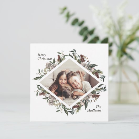 Rustic Floral kerstfoto Kaart (Staand voorkant)