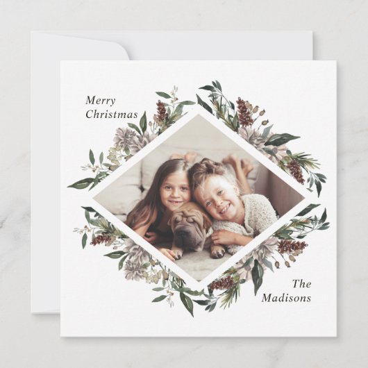 Rustic Floral kerstfoto Kaart (Voorkant)