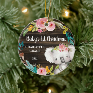 Rustic Floral Koala Baby's eerste Kerstmis Keramisch Ornament