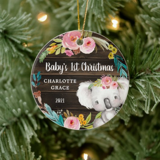 Rustic Floral Koala Baby's eerste Kerstmis Keramisch Ornament (Boom)