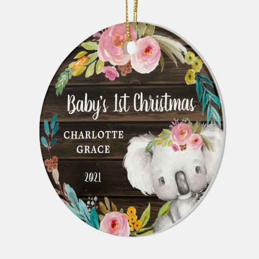 Rustic Floral Koala Baby's eerste Kerstmis Keramisch Ornament (Links)